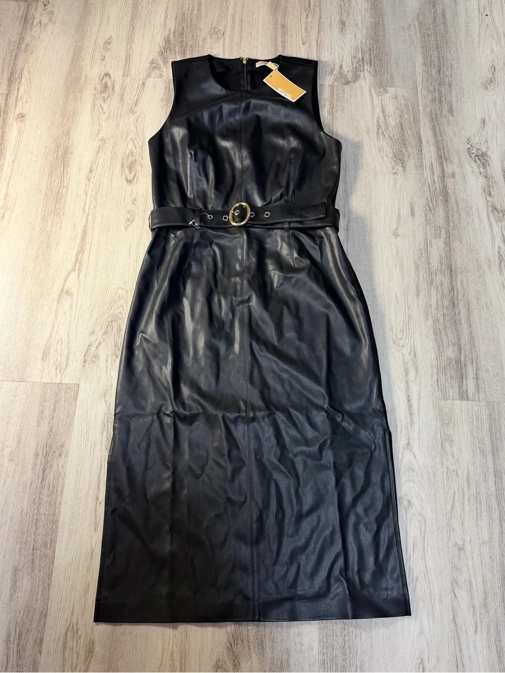 Michael Kors Black Faux Leather Belted Midi Dress